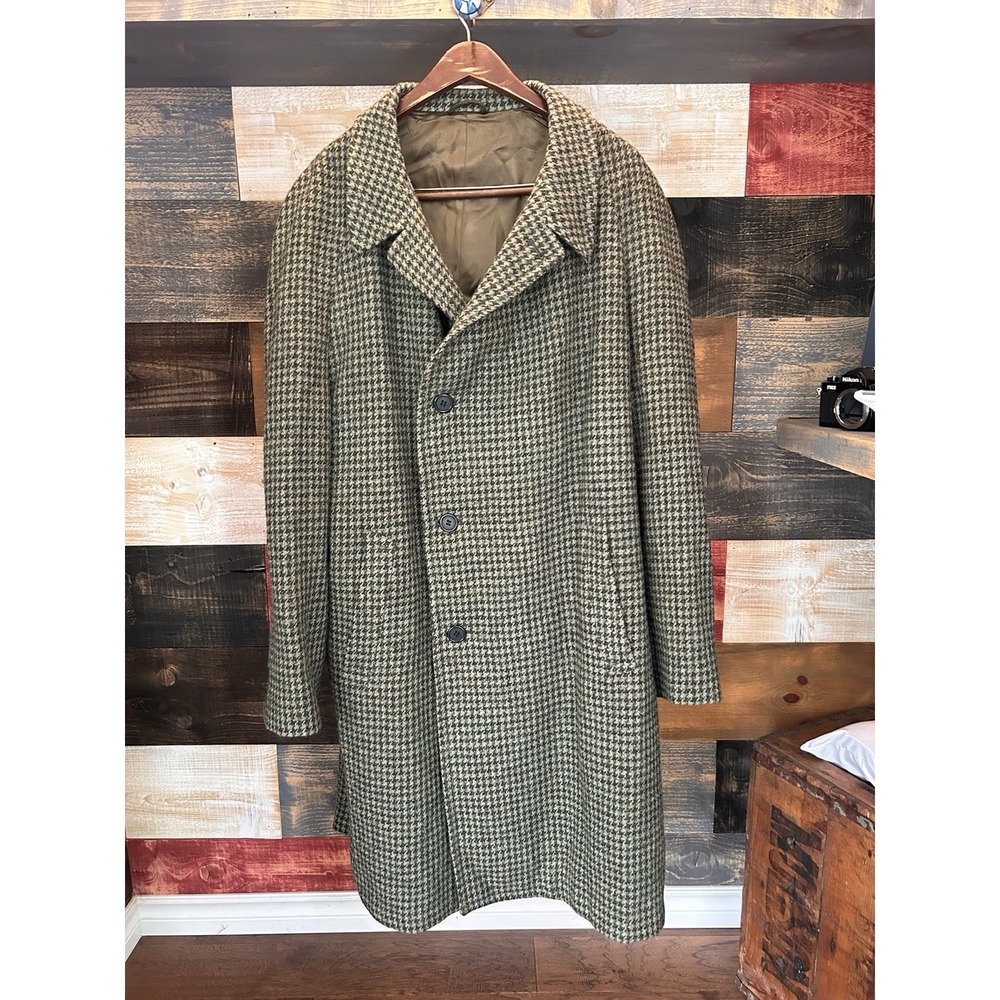 Harris Tweed Coat Green Trench Coat Long Jacket Vintage 60s Houndstooth Large